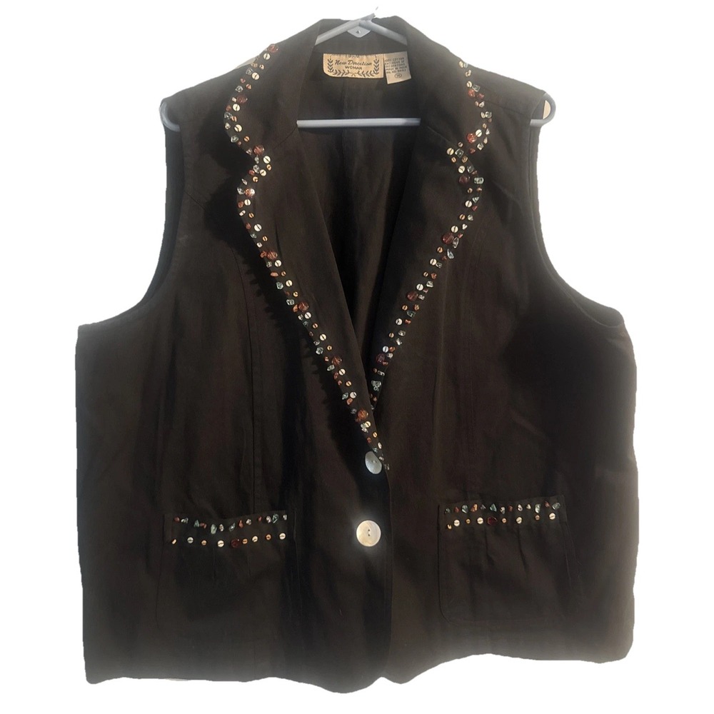 Vintage New Direction Woman Vest 1X Black Beaded Boho Western‎ Made In India